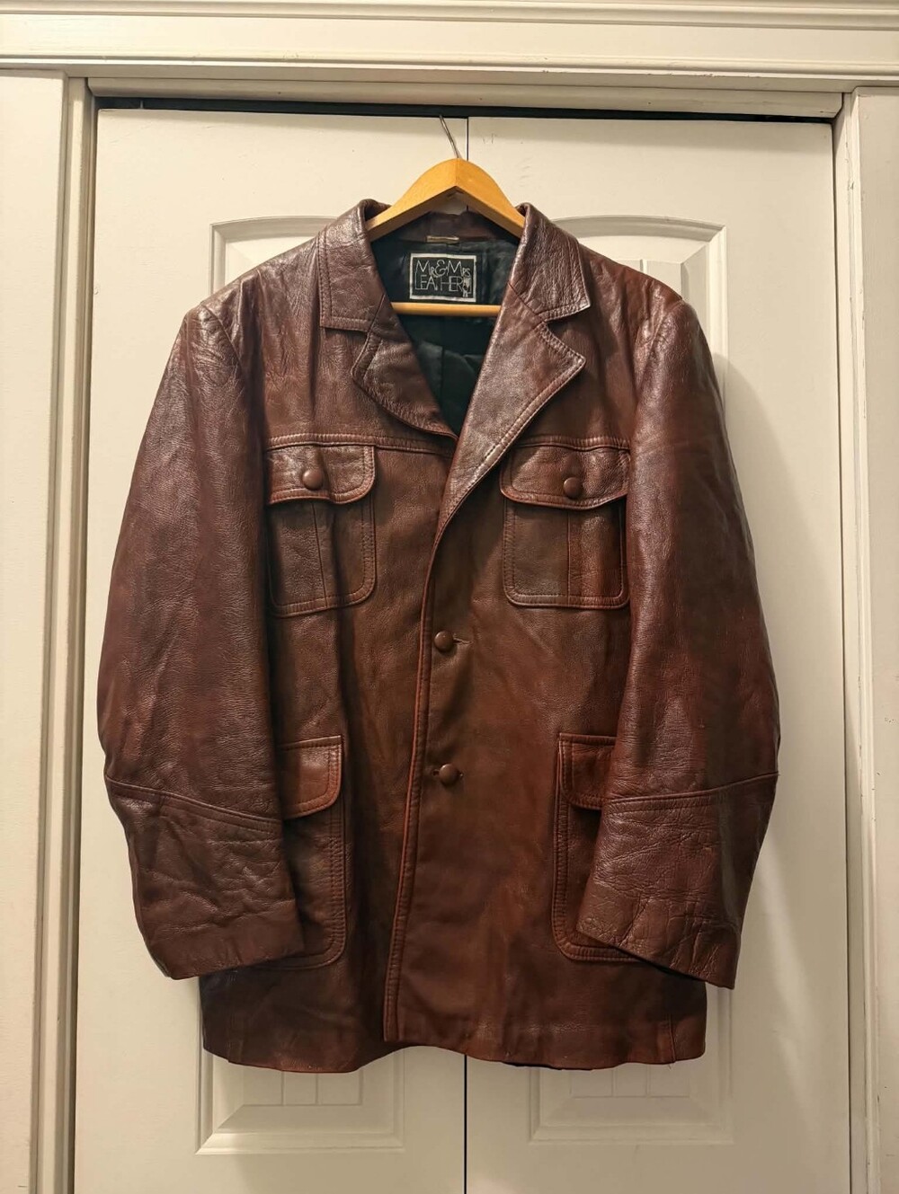Vintage 70s Mr. & Mrs. Leather Brown Safari Car Coat Jacket